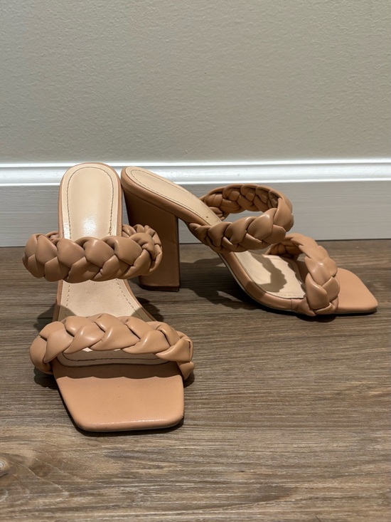 Shoes - Braided Strap Nude Block Heel Sandals - Women